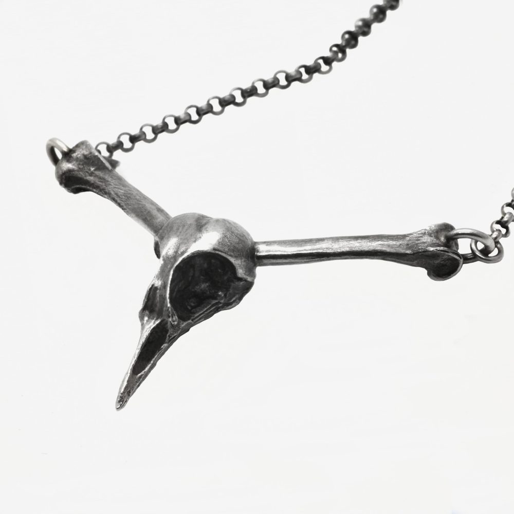 Crâne de rouge-gorge et tibia de pigeon, argent 925 recyclé